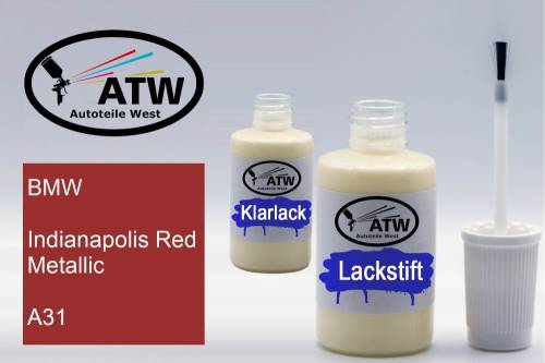 BMW, Indianapolis Red Metallic, A31: 20ml Lackstift + 20ml Klarlack - Set, von ATW Autoteile West.